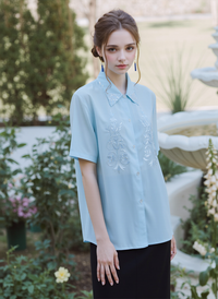 Blue Collar Button Up Short Sleeve Blouse Top
