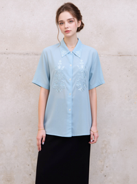 Blue Collar Button Up Short Sleeve Blouse Top