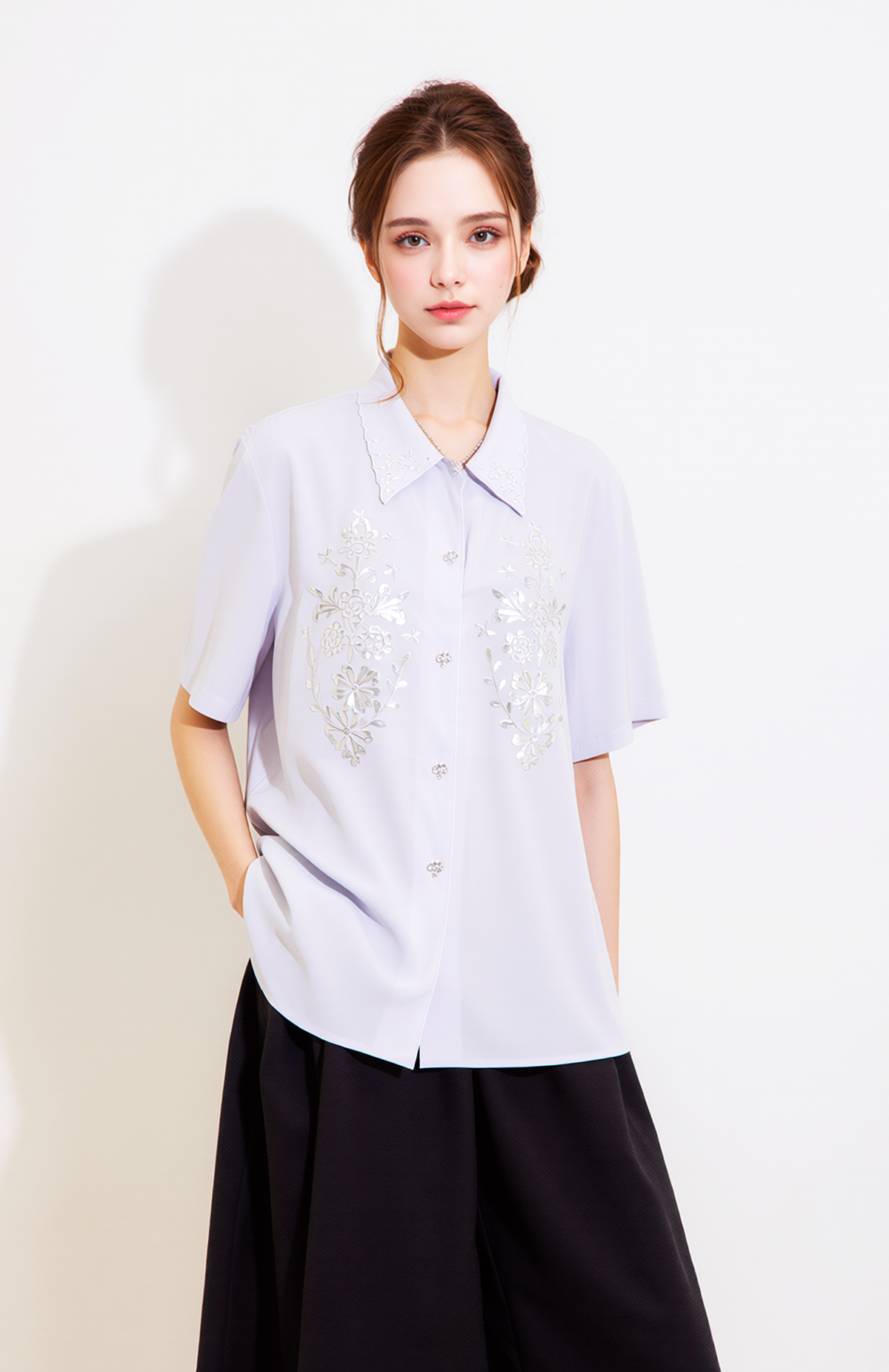 White Collar Button Up Short Sleeve Blouse Top