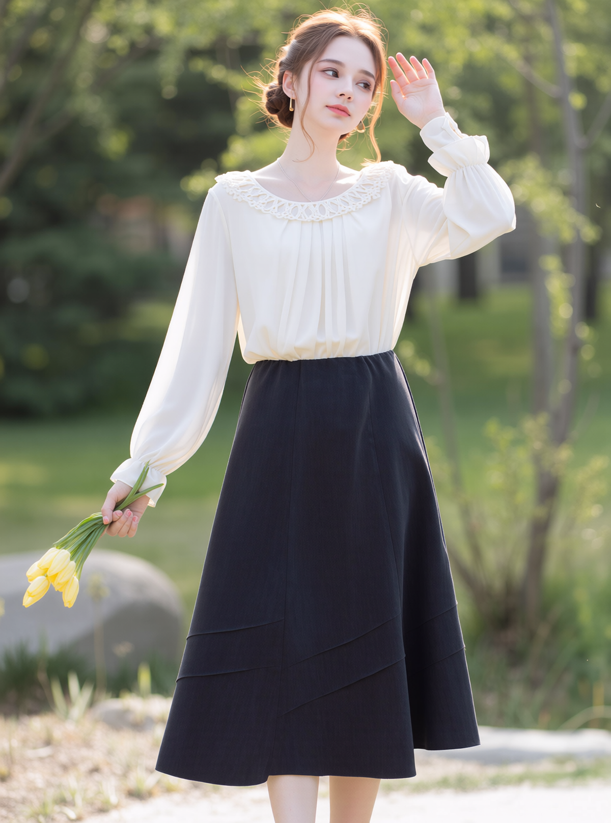Grey Lined Elasticated A-Line Skirt