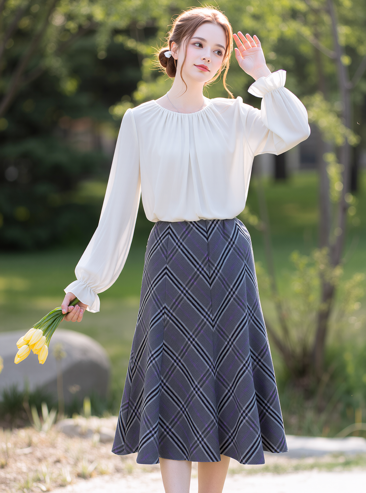 Grey Elasticated Lined A-Line Checked Skirt