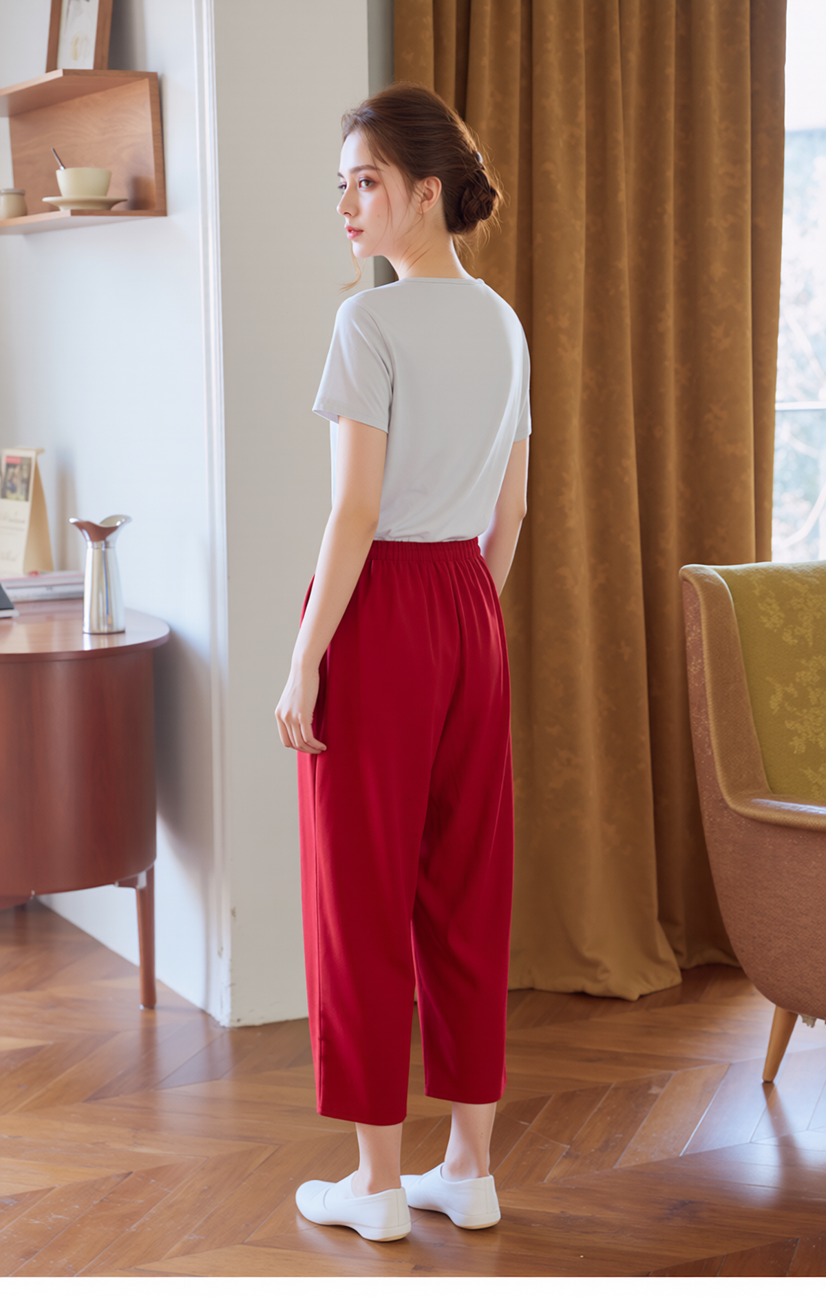 Red Cropped Cotton Trouser