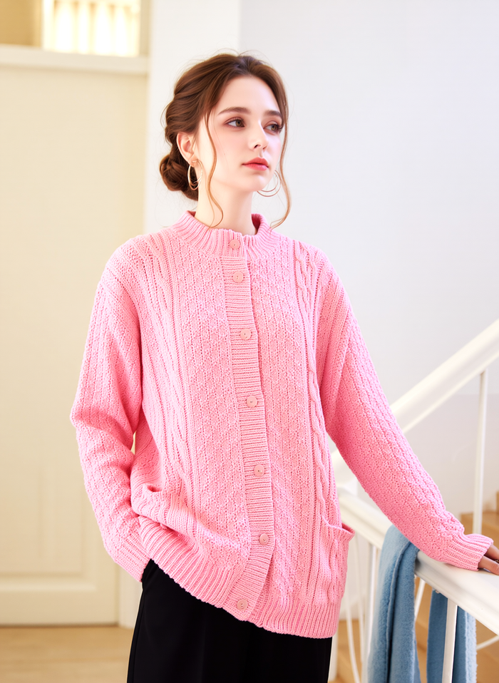 Women's Pink Cable Knit Button-Front Cardigan Sweater | Round Neck, Two Pockets, Cozy & Stylish Outerwear