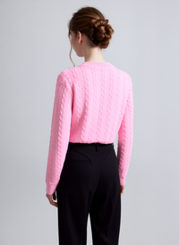 Women's Elegant Pink Cable Knit Round Neck Jumper - Soft & Stylish Long Sleeve Pullover Sweater