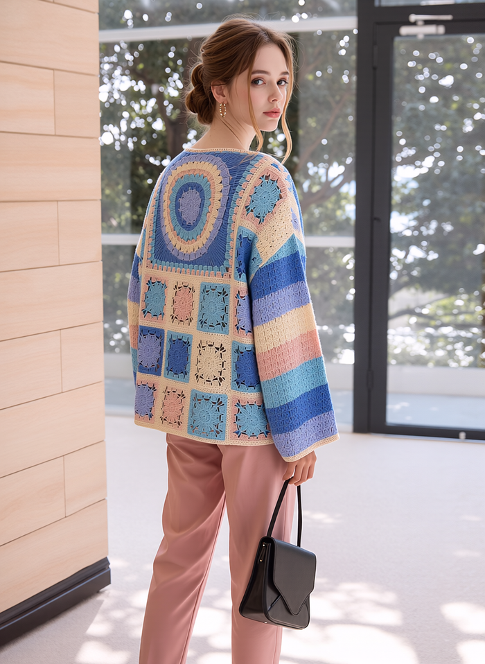 Boho Pastel Patchwork Knit Cardigan | Women's Open Front 3/4 Sleeve Top