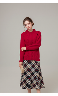 Women's Red Cable Knit Mock Neck Sweater - Warm & Stylish Jumper