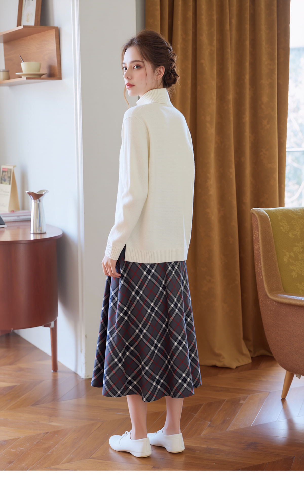 Elegant Plaid A-Line Midi Skirt for Women - High Waisted Flared Design |