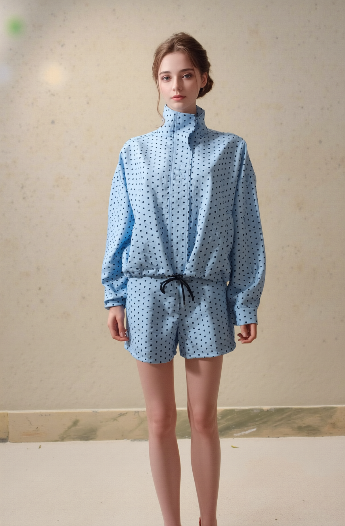 Women's Blue Polka Dot Co-ord Set - Chic High Collar Pullover Top & Drawstring Shorts Two-Piece Suit