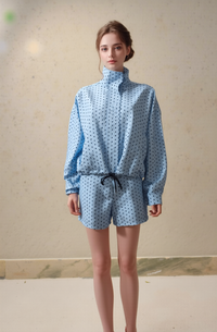 Women's Blue Polka Dot Co-ord Set - Chic High Collar Pullover Top & Drawstring Shorts Two-Piece Suit