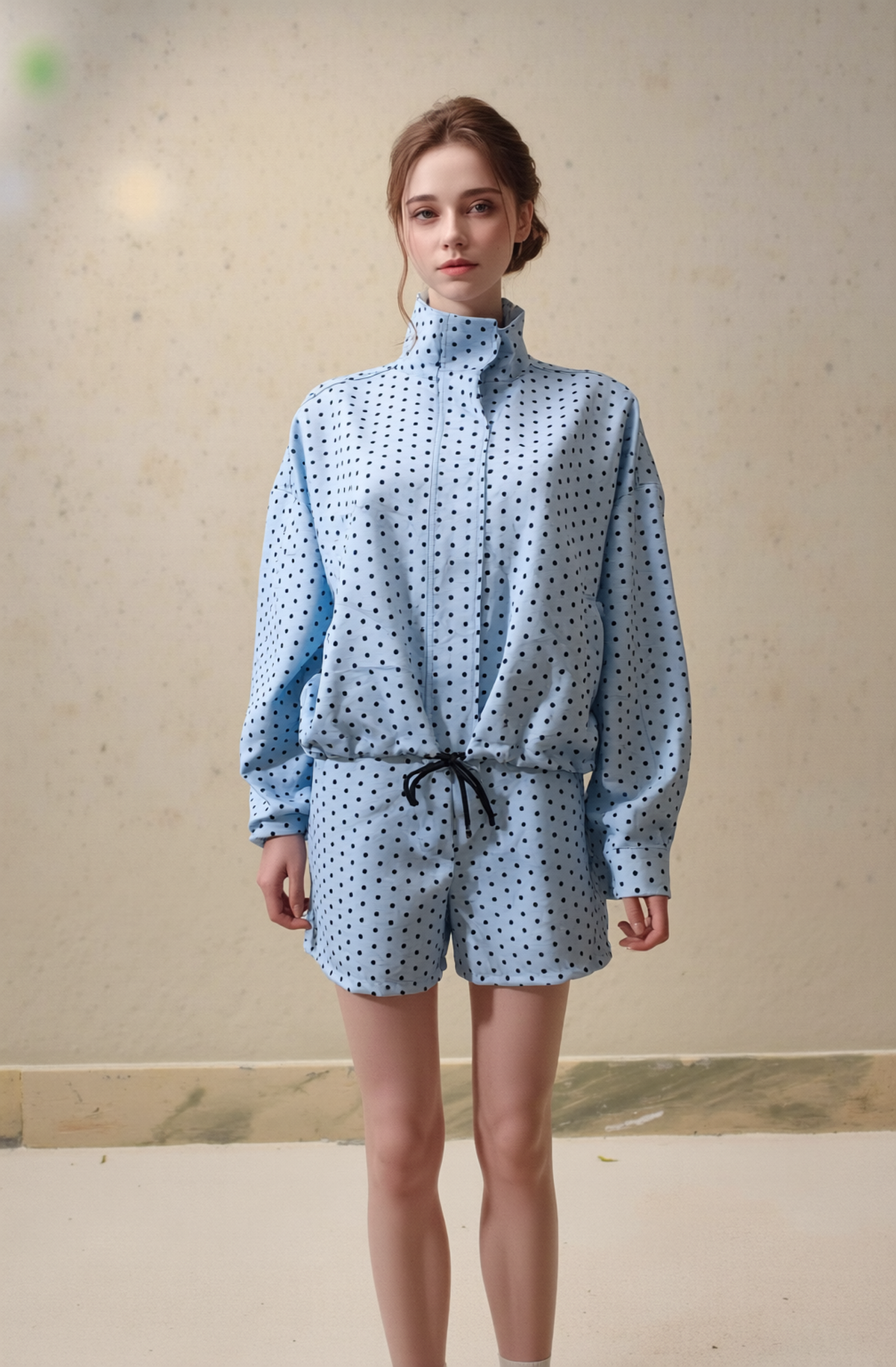 Women's Blue Polka Dot Co-ord Set - Chic High Collar Pullover Top & Drawstring Shorts Two-Piece Suit
