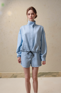 Women's Blue Polka Dot Co-ord Set - Chic High Collar Pullover Top & Drawstring Shorts Two-Piece Suit