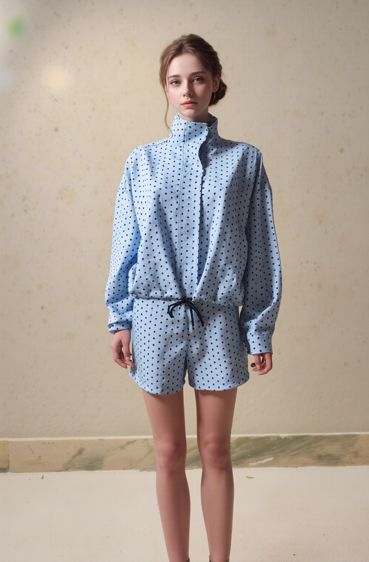 Women's Blue Polka Dot Co-ord Set - Chic High Collar Pullover Top & Drawstring Shorts Two-Piece Suit