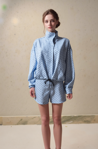 Women's Blue Polka Dot Co-ord Set - Chic High Collar Pullover Top & Drawstring Shorts Two-Piece Suit