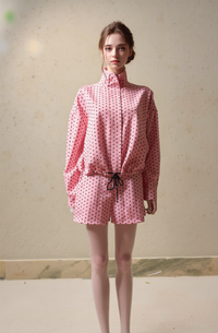 Chic Pink Polka Dot Co-ord Set for Women | Trendy Two-Piece High-Neck Long Sleeve Top & Drawstring Shorts Outfit