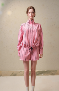 Chic Pink Polka Dot Co-ord Set for Women | Trendy Two-Piece High-Neck Long Sleeve Top & Drawstring Shorts Outfit