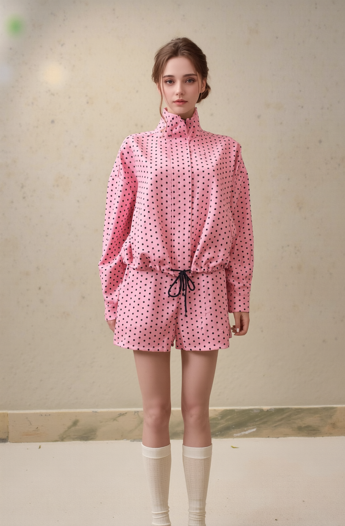 Chic Pink Polka Dot Co-ord Set for Women | Trendy Two-Piece High-Neck Long Sleeve Top & Drawstring Shorts Outfit