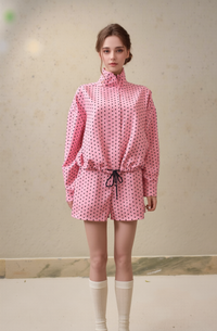Chic Pink Polka Dot Co-ord Set for Women | Trendy Two-Piece High-Neck Long Sleeve Top & Drawstring Shorts Outfit