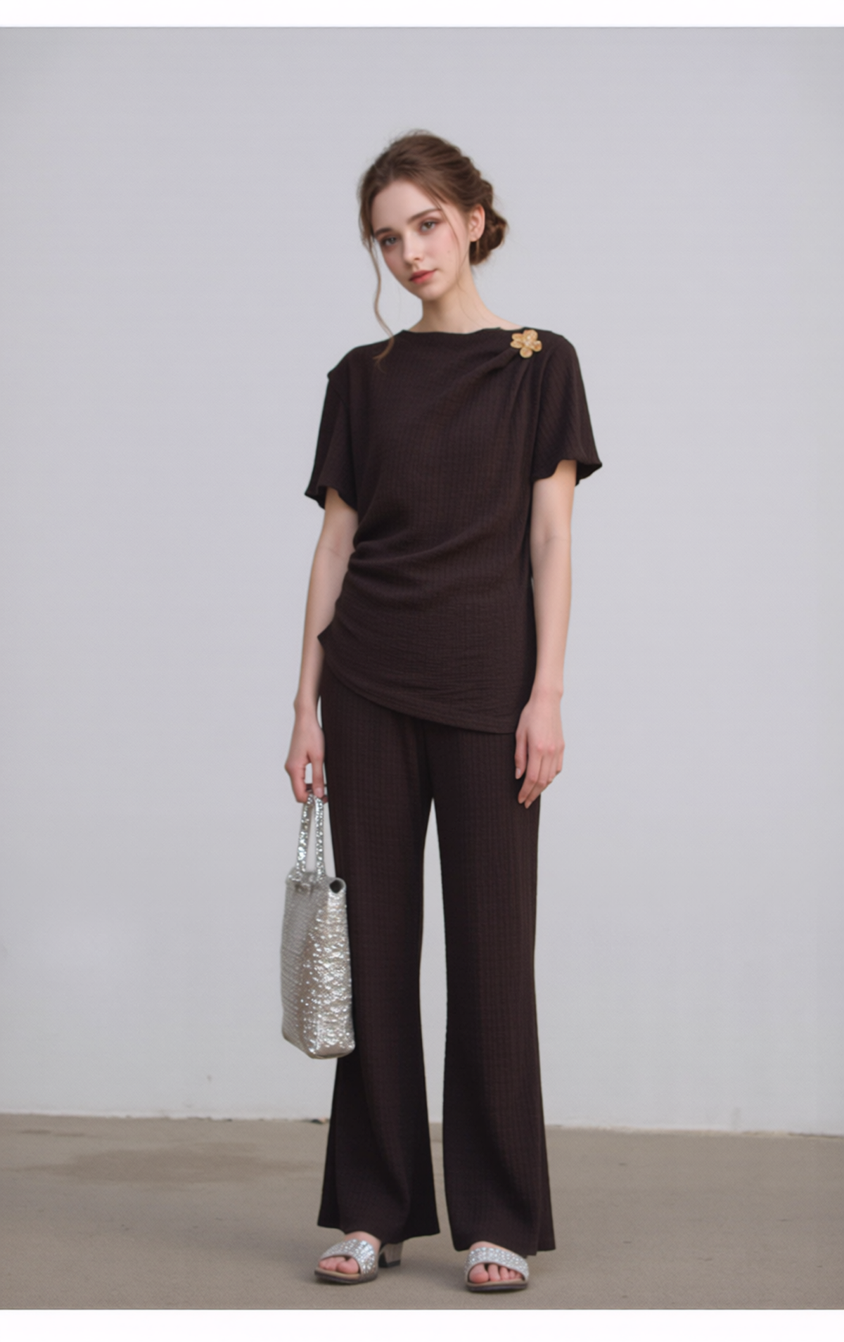 Women's Chic Brown Two-Piece Co-ord Set | Relaxed Short Sleeve Top & Wide Leg Pants