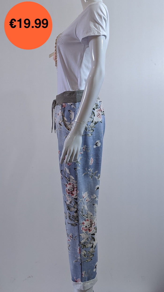 Denim Floral Print Trouser