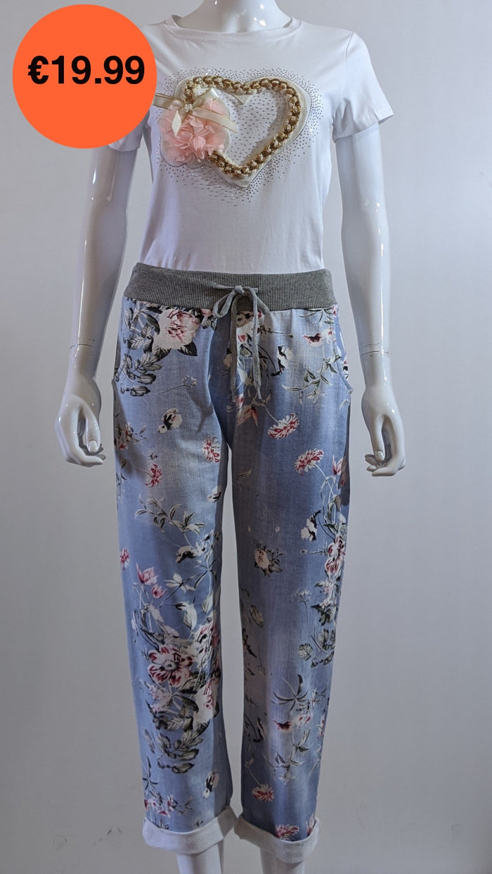 Denim Floral Print Trouser