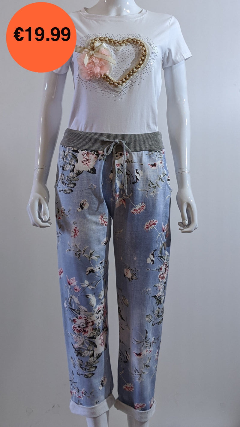 Denim Floral Print Trouser