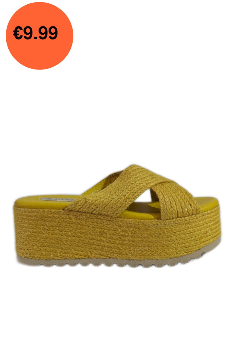 Mustard Jute Platform Crossover Mule Sandals