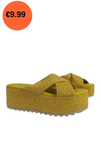 Mustard Jute Platform Crossover Mule Sandals