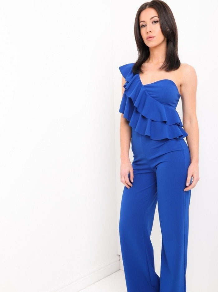 Royal Blue One Shoulder Frill Jumpsuit
