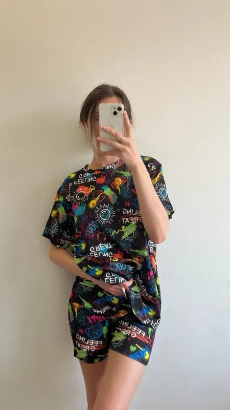 Black Graffiti Graphic Oversized Top & Shorts Co-Ord Set