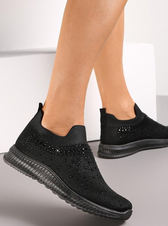 All Black Diamante Detail Comfortable Knit Slip On Pumps
