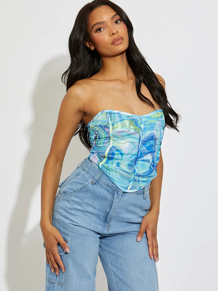 Blue Marble Ruched Mesh Bandeau Corset Crop Top