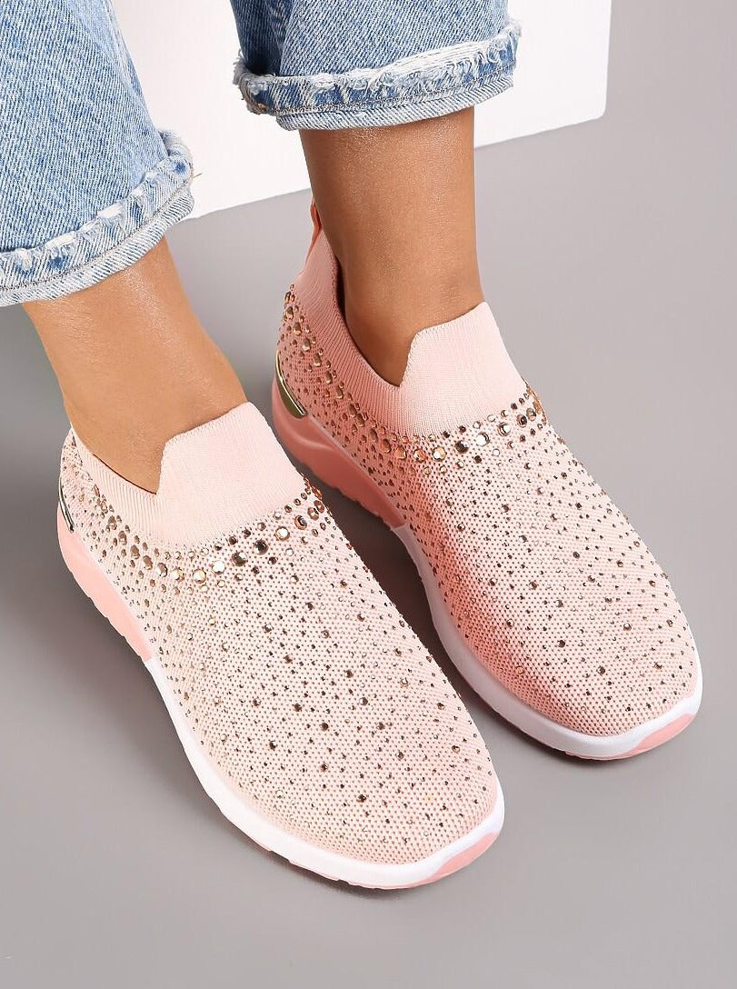 Peach Diamante Detail Comfortable Slip On Pumps With Gold Bar