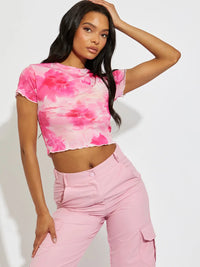 Pink Floral Watercolour Print Ribbed Crop Top