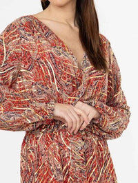 Red Gold Detail Wrap Front Long Sleeves Maxi Dress