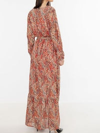 Red Gold Detail Wrap Front Long Sleeves Maxi Dress