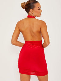 Red Halter Neck Slinky Cross Front Ruched Dress