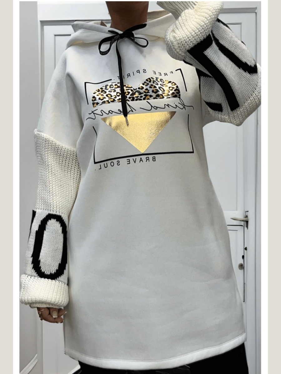 Cream Love Heart Oversized Fleeced Hoodie Jumper Dress