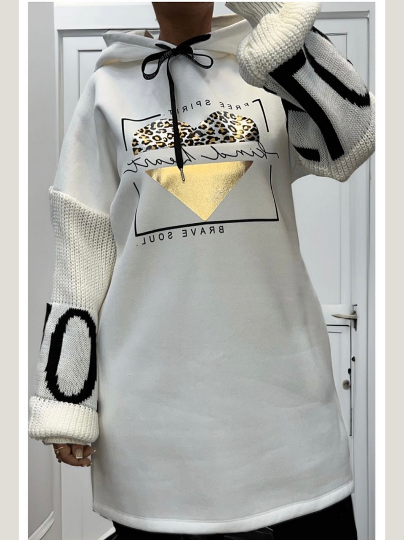 Cream Love Heart Oversized Fleeced Hoodie Jumper Dress