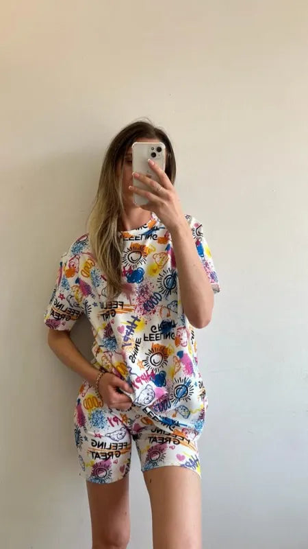 White Graffiti Graphic Oversized Top & Shorts Co-Ord Set
