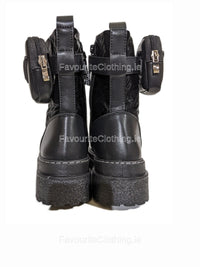 Black Chunky Sole Biker Boots with Pocket