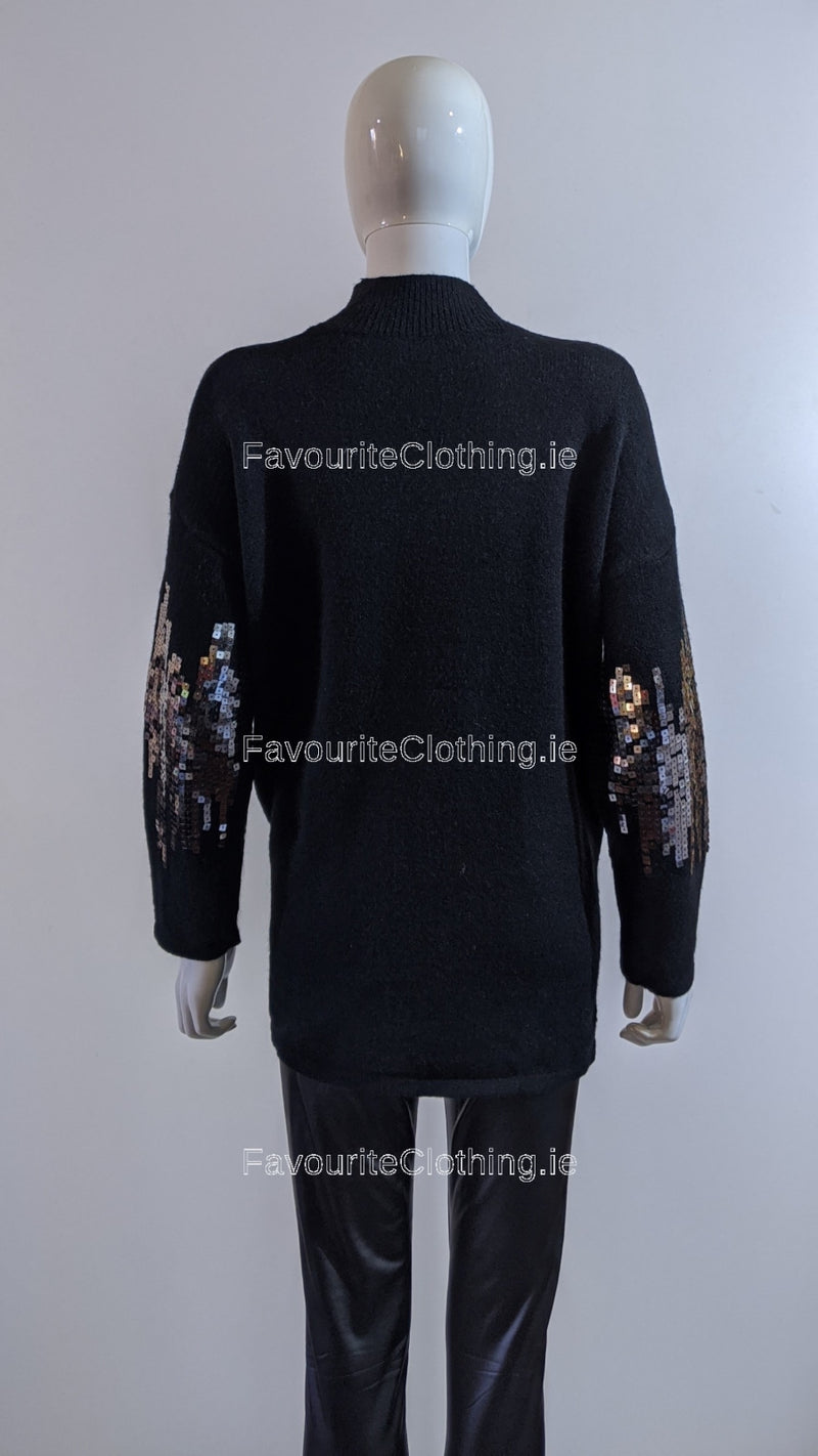 Black Oversized Sequin High Neck Jumper