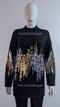 Black Oversized Sequin High Neck Jumper