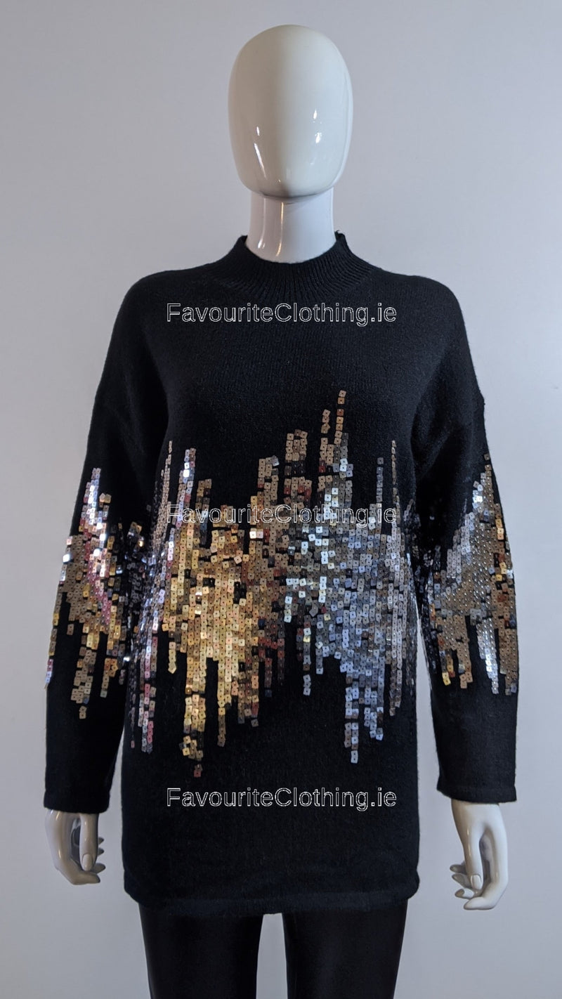 Black Oversized Sequin High Neck Jumper