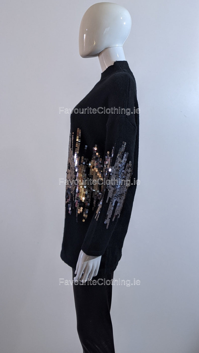 Black Oversized Sequin High Neck Jumper