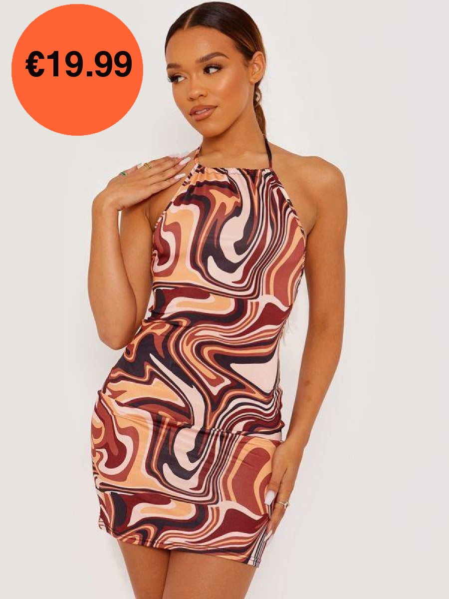 Brown Halter Neck Marble Print Slinky Dress