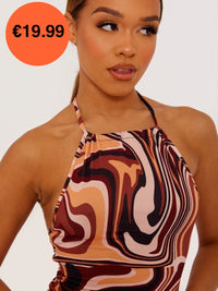 Brown Halter Neck Marble Print Slinky Dress