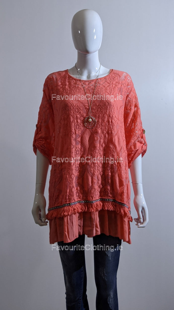 Coral Lace Detail Cotton Top