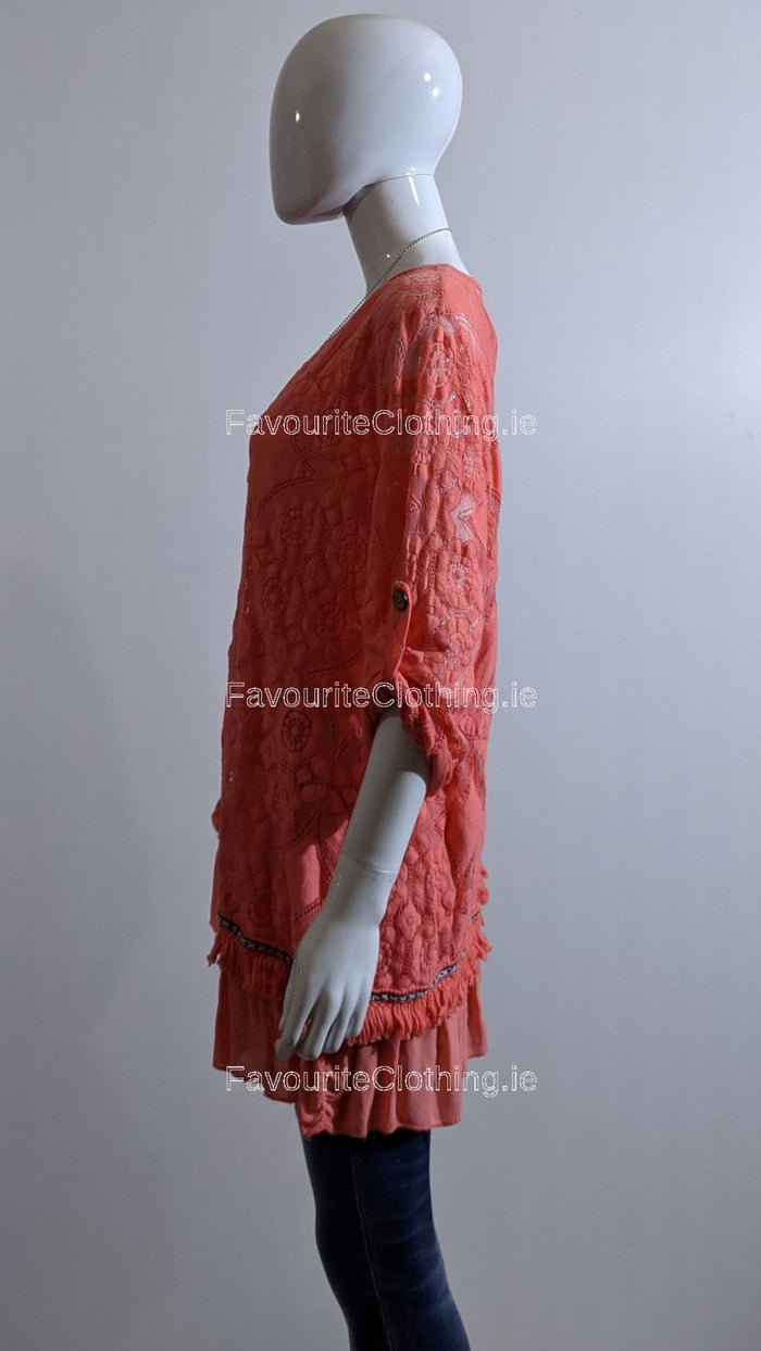 Coral Lace Detail Cotton Top