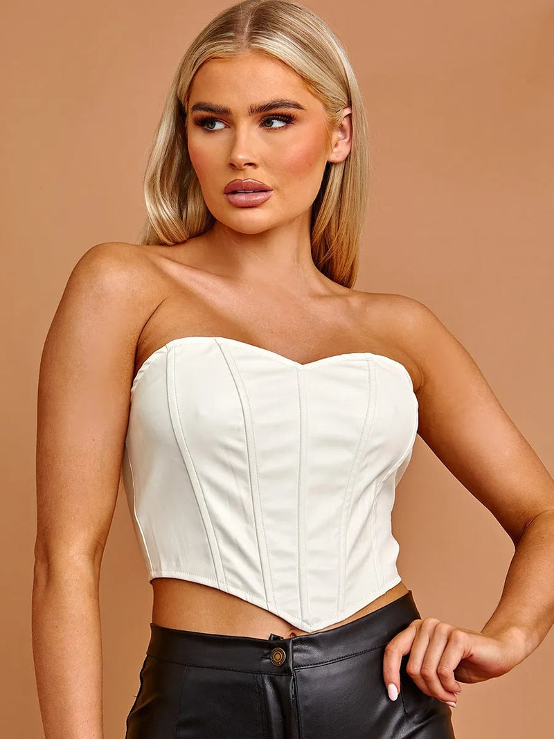 Cream PU Bandeau Corset Crop Top