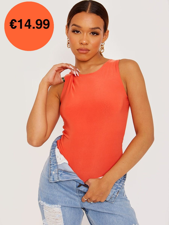 Orange Racer Back Sleeveless Slinky Bodysuit